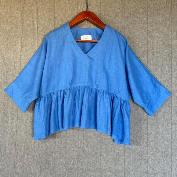 Pavietra Cerulean Blue Linen 3/4 Sleeve V Neck Baby Doll Peplum Blouse  Size L - Picture 1 of 12